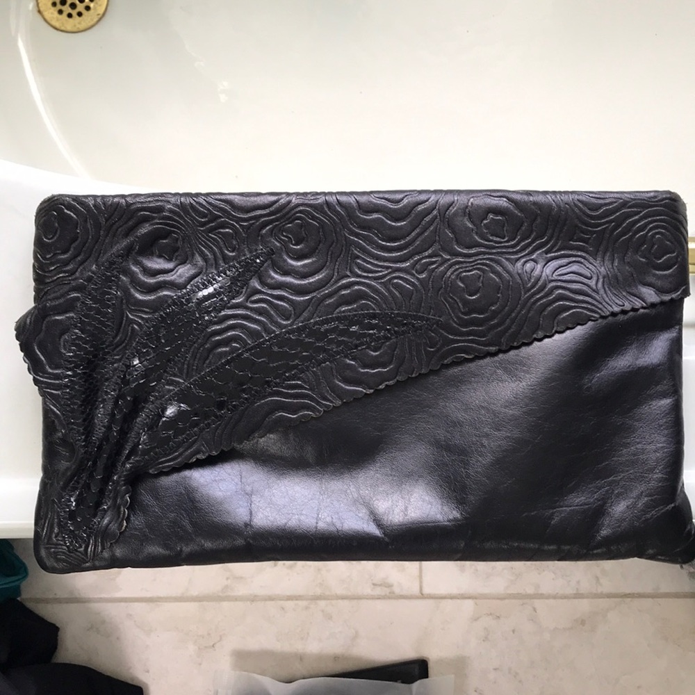 Vintage 1980s Black Leather Clutch Purse.